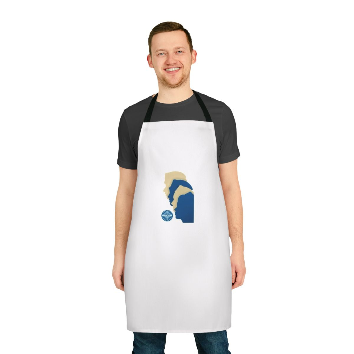 Vintage-style blue and white apron with retro Pan Am airline logo and imagery
