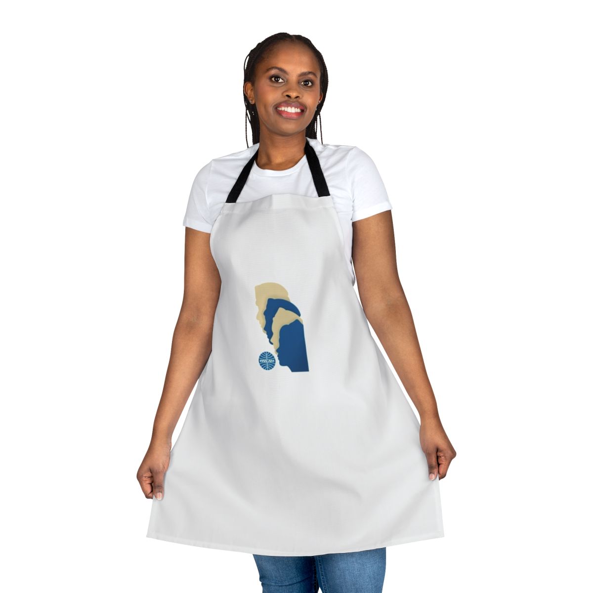 Vintage-style blue and white apron with retro Pan Am airline logo and imagery