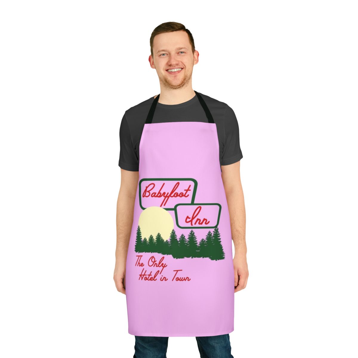 Vintage-style pink hoodie apron with Babyfoot Inn design