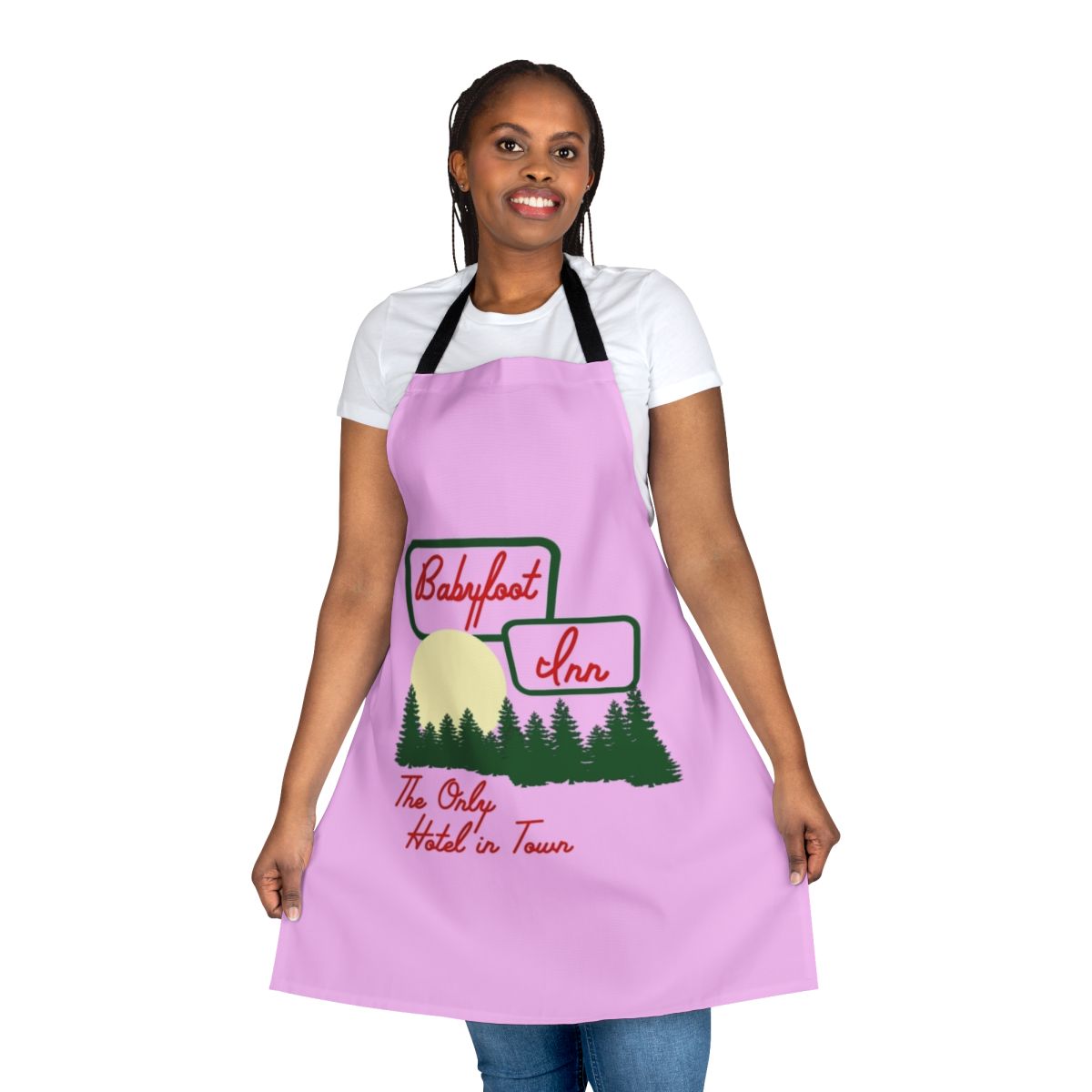 Vintage-style pink hoodie apron with Babyfoot Inn design