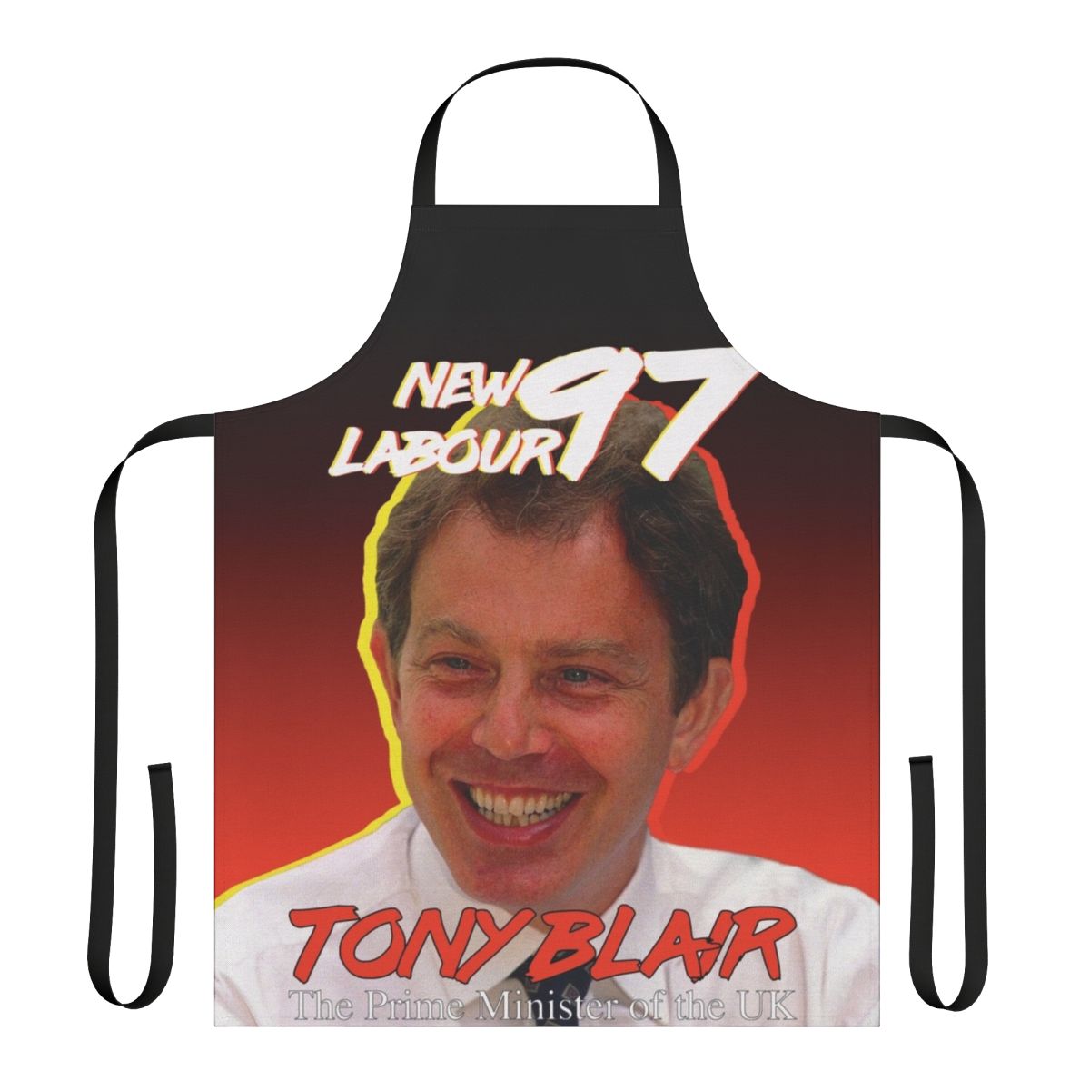 Vintage-style political apron featuring imagery and slogans from the 1997 Labour Party campaign