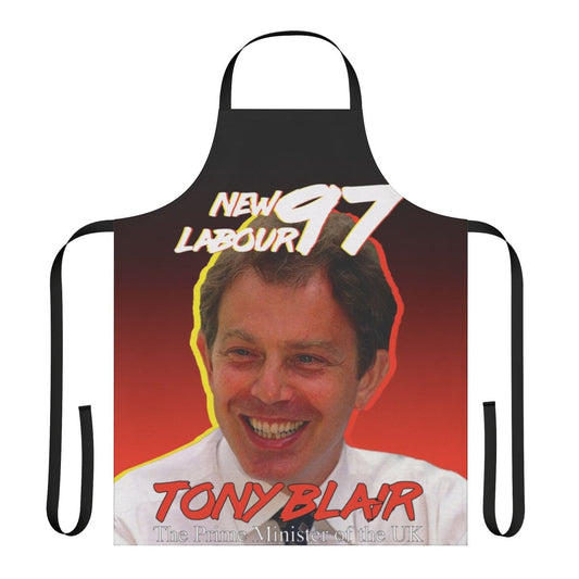 Vintage-style political apron featuring imagery and slogans from the 1997 Labour Party campaign