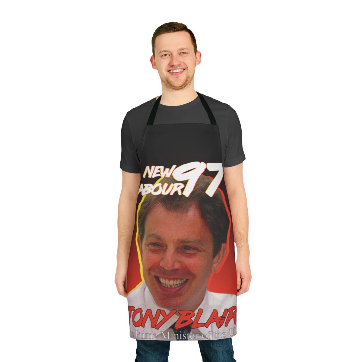 Vintage-style political apron featuring imagery and slogans from the 1997 Labour Party campaign
