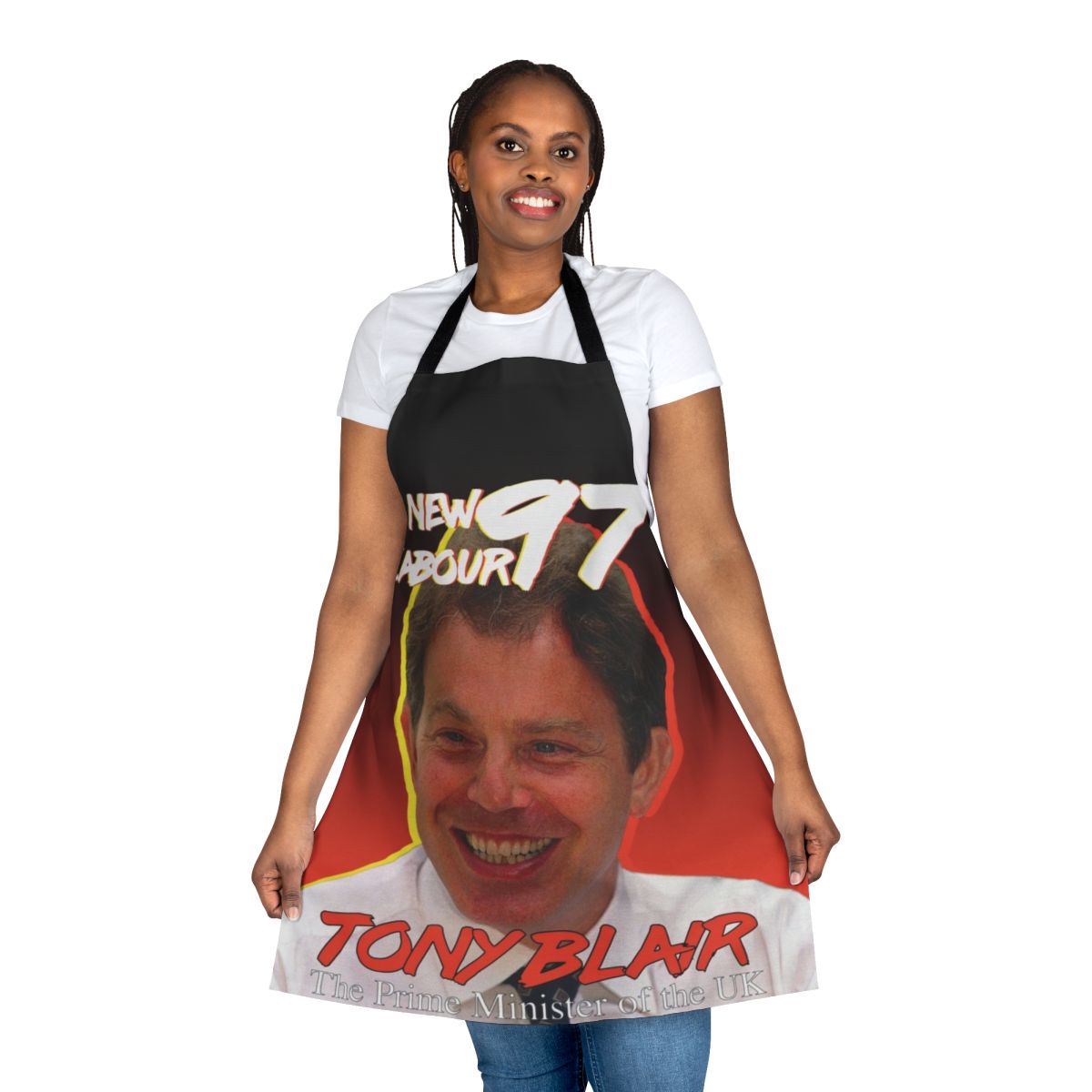 Vintage-style political apron featuring imagery and slogans from the 1997 Labour Party campaign