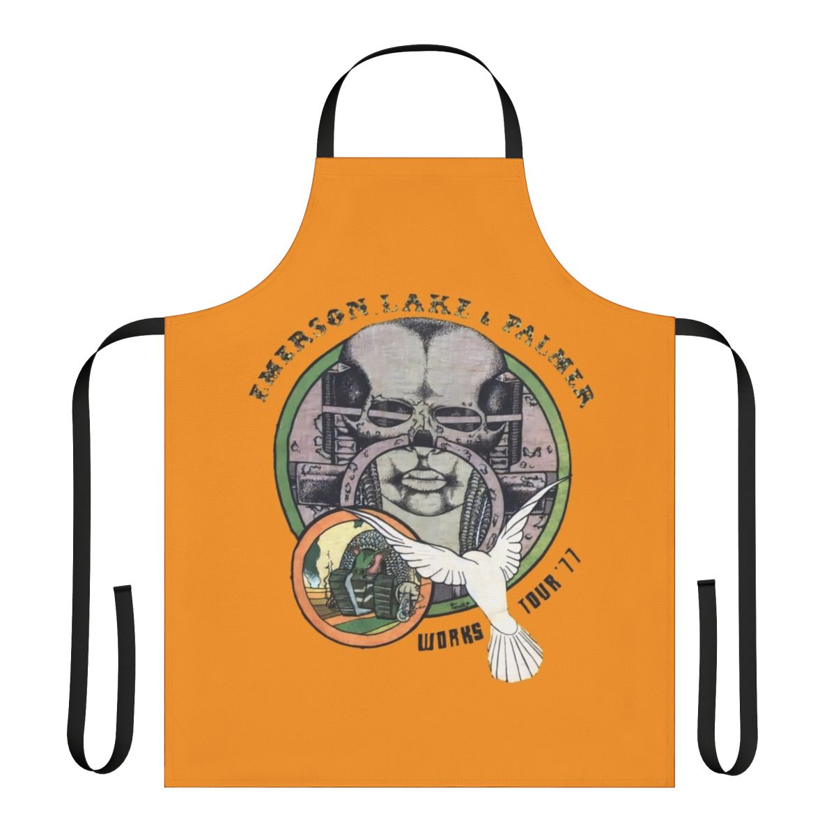 Vintage-style kitchen apron featuring the logo and artwork of the progressive rock band Emerson, Lake and Palmer