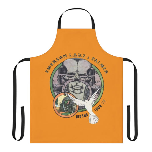 Vintage-style kitchen apron featuring the logo and artwork of the progressive rock band Emerson, Lake and Palmer