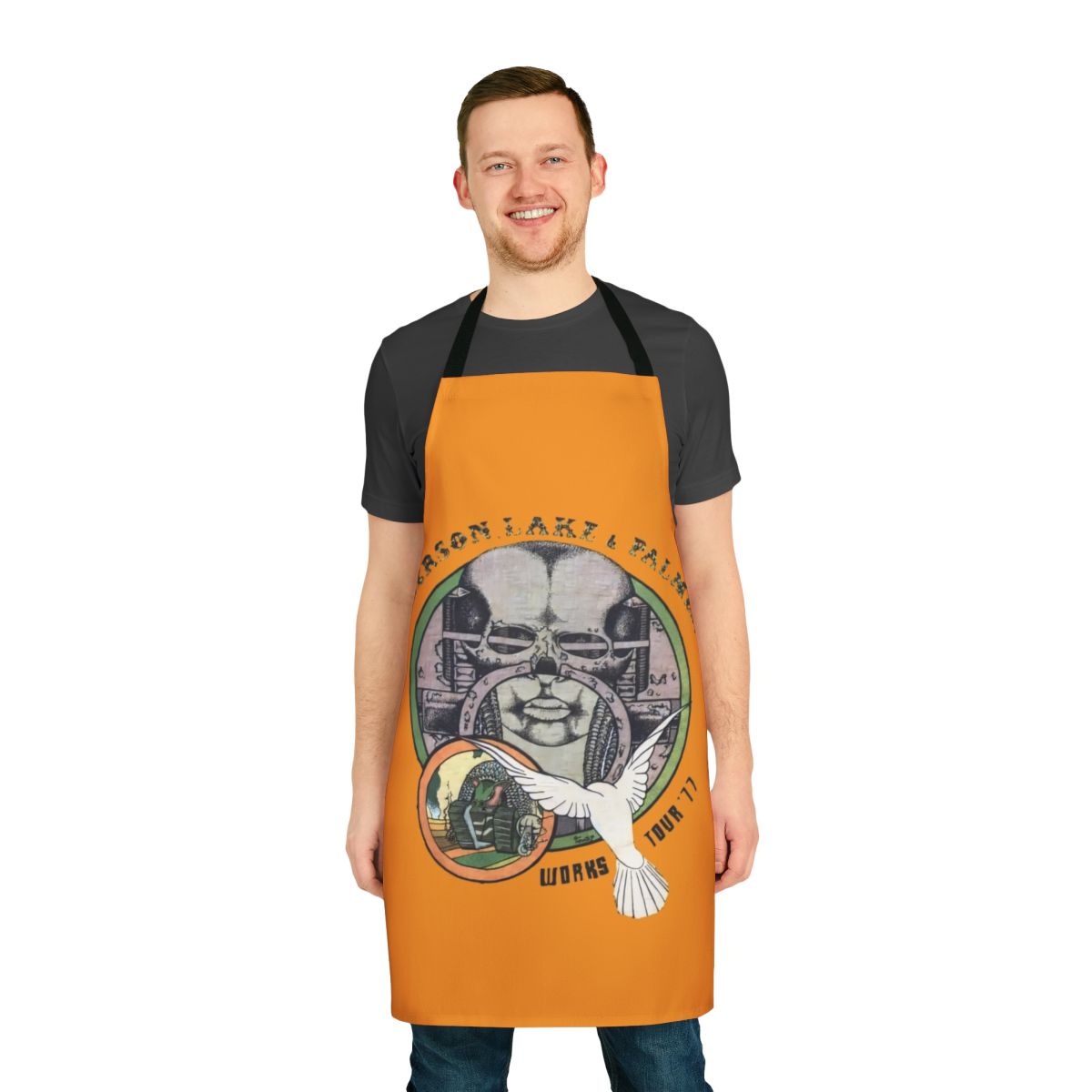 Vintage-style kitchen apron featuring the logo and artwork of the progressive rock band Emerson, Lake and Palmer