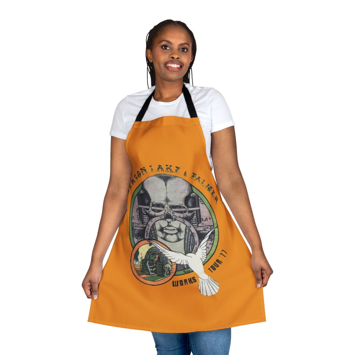 Vintage-style kitchen apron featuring the logo and artwork of the progressive rock band Emerson, Lake and Palmer