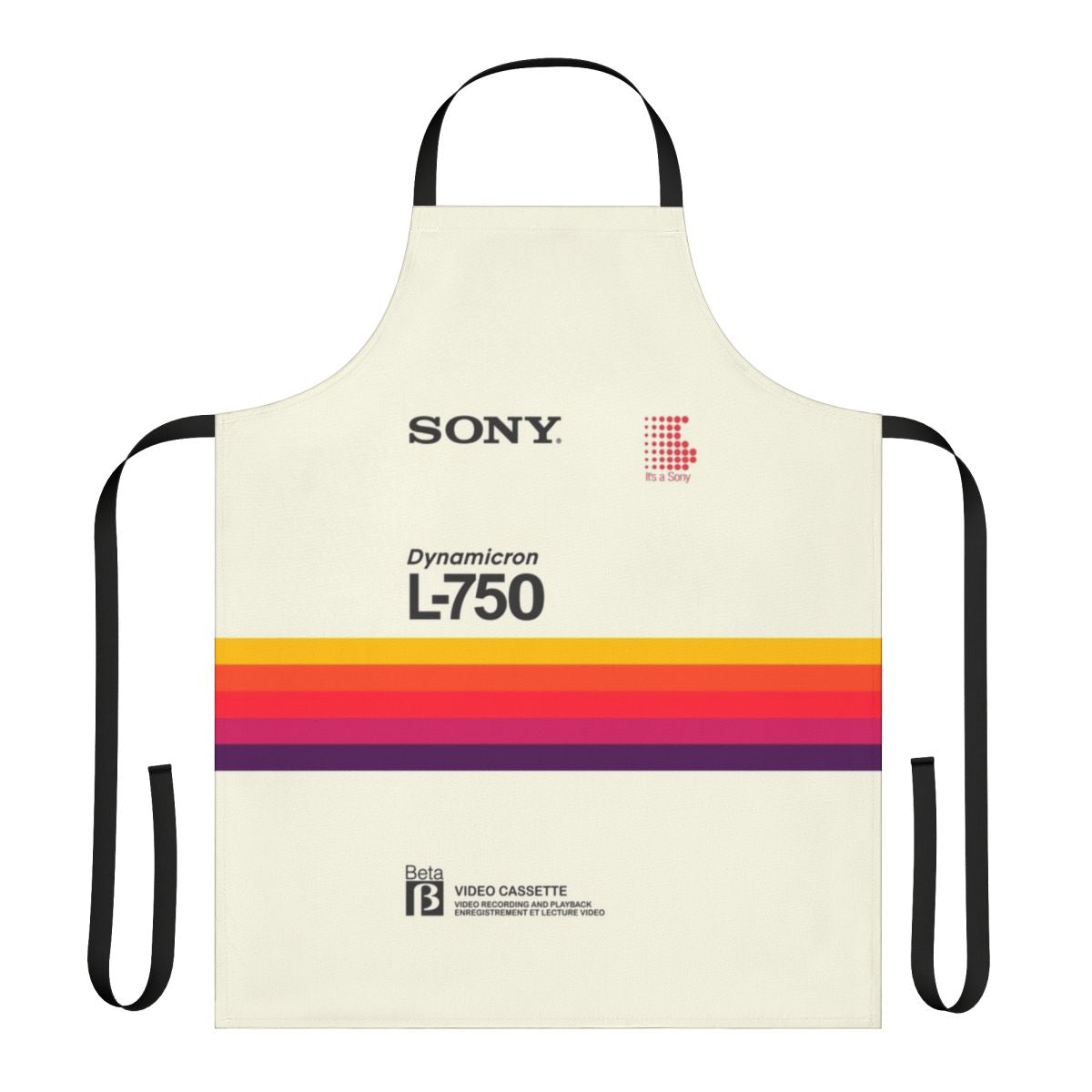 Retro-style apron featuring the iconic Sony VHS and Betamax videocassette logos and designs