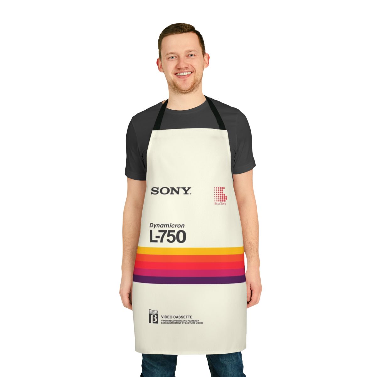 Retro-style apron featuring the iconic Sony VHS and Betamax videocassette logos and designs