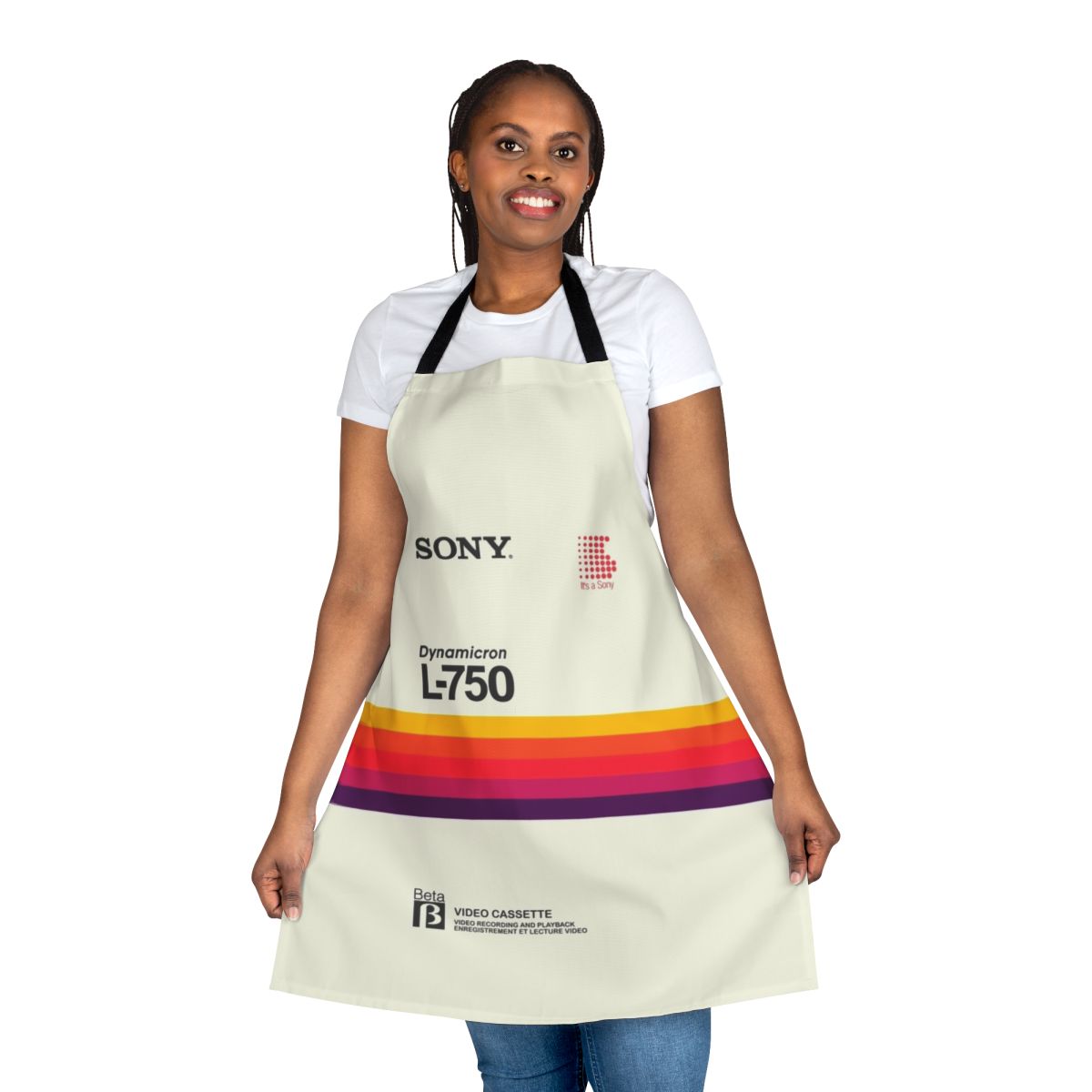 Retro-style apron featuring the iconic Sony VHS and Betamax videocassette logos and designs