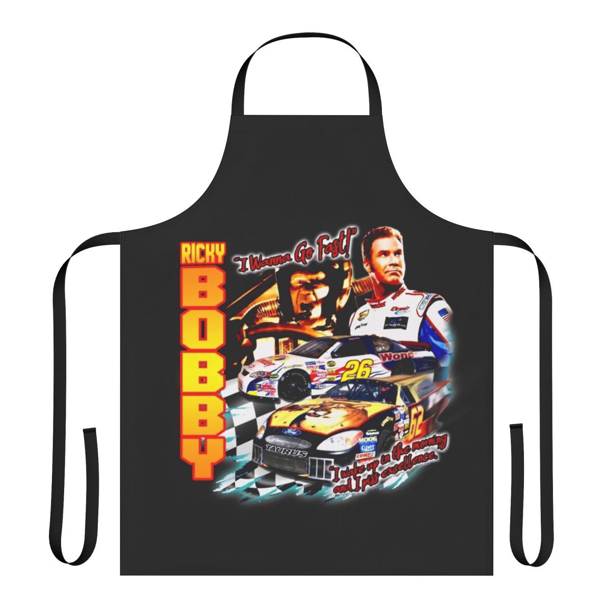Vintage-style Ricky Bobby racing shirt apron with movie quotes and graphics
