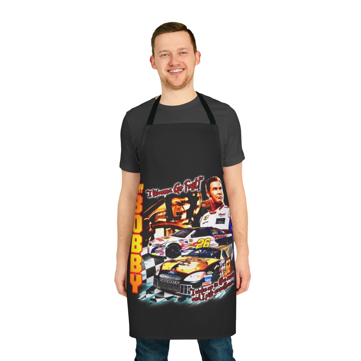 Vintage-style Ricky Bobby racing shirt apron with movie quotes and graphics