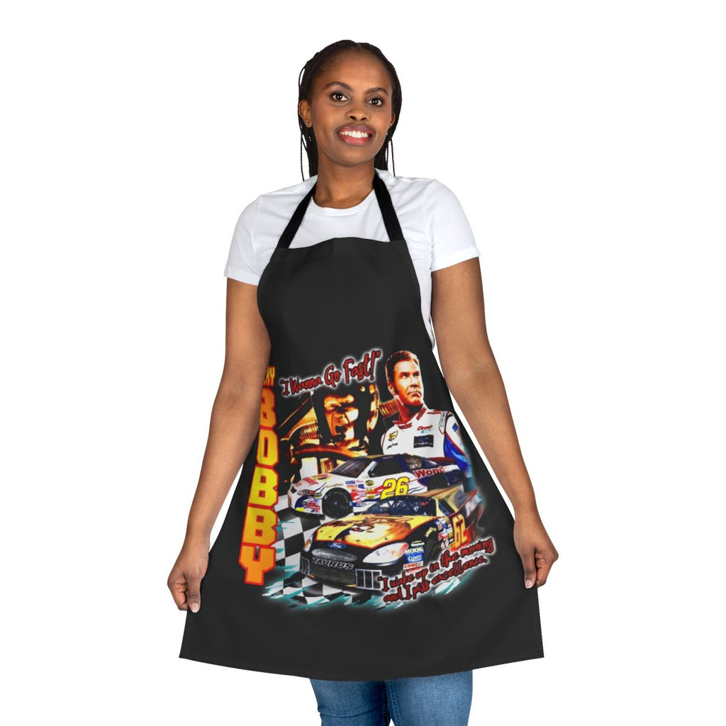Vintage-style Ricky Bobby racing shirt apron with movie quotes and graphics