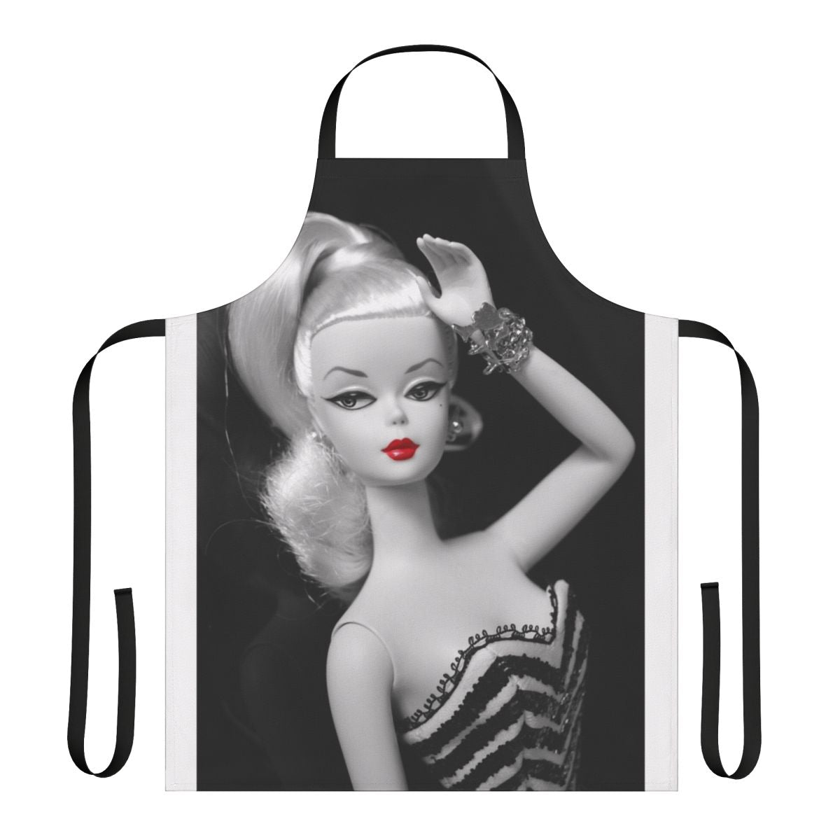Vintage-style black and white silkstone doll apron with red lipstick detail