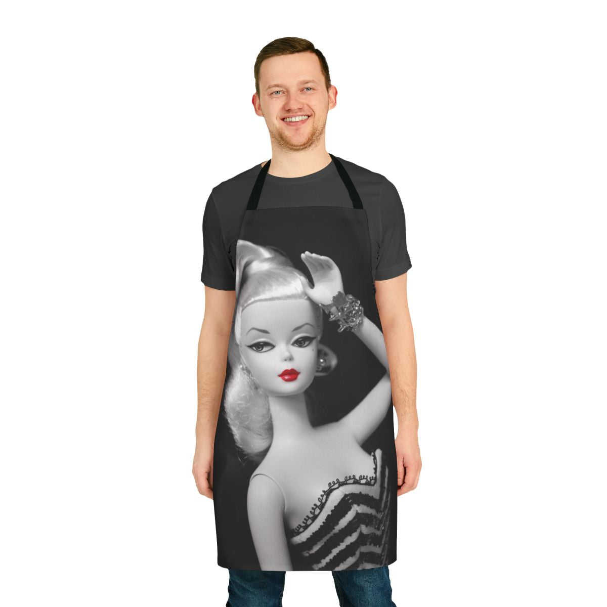 Vintage-style black and white silkstone doll apron with red lipstick detail