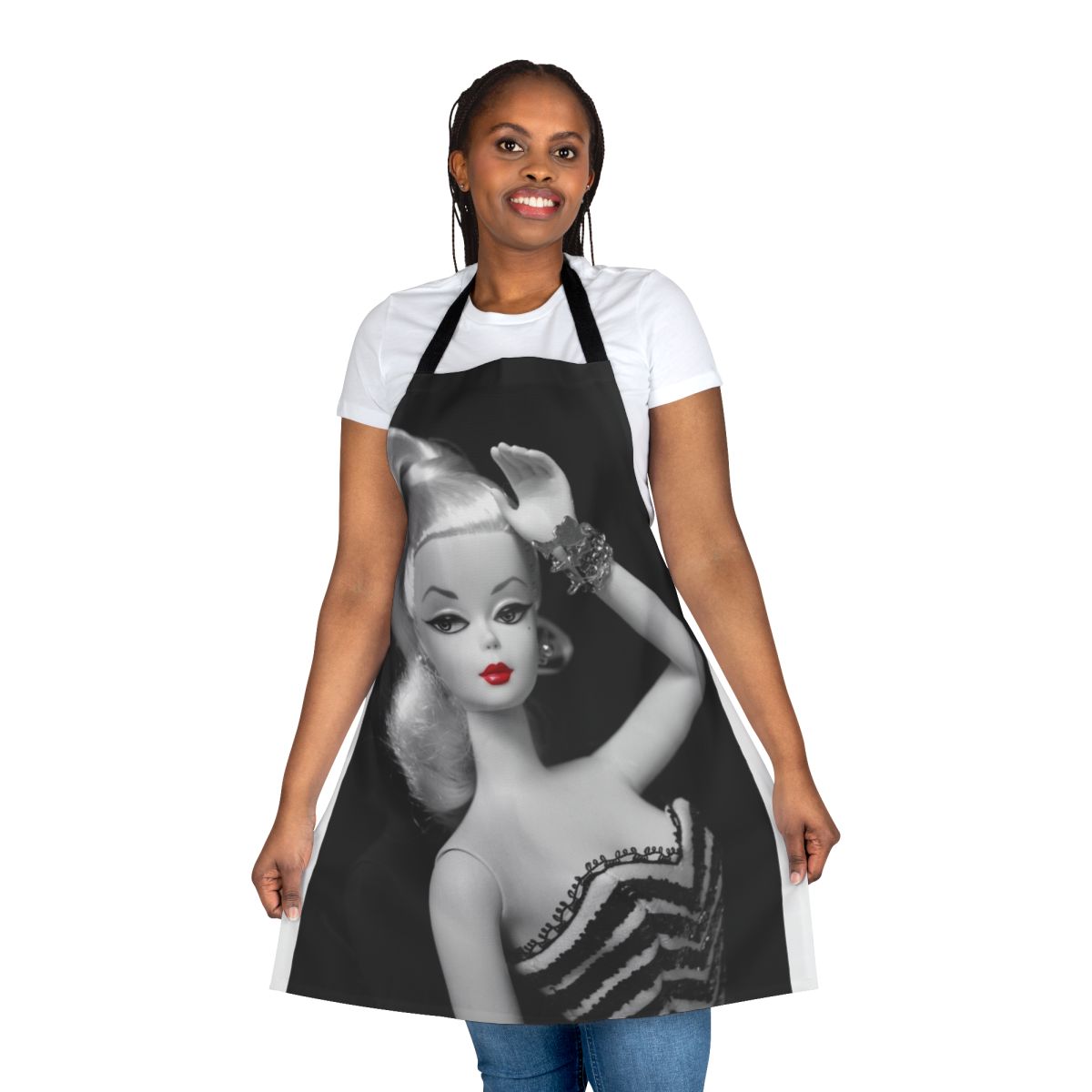 Vintage-style black and white silkstone doll apron with red lipstick detail