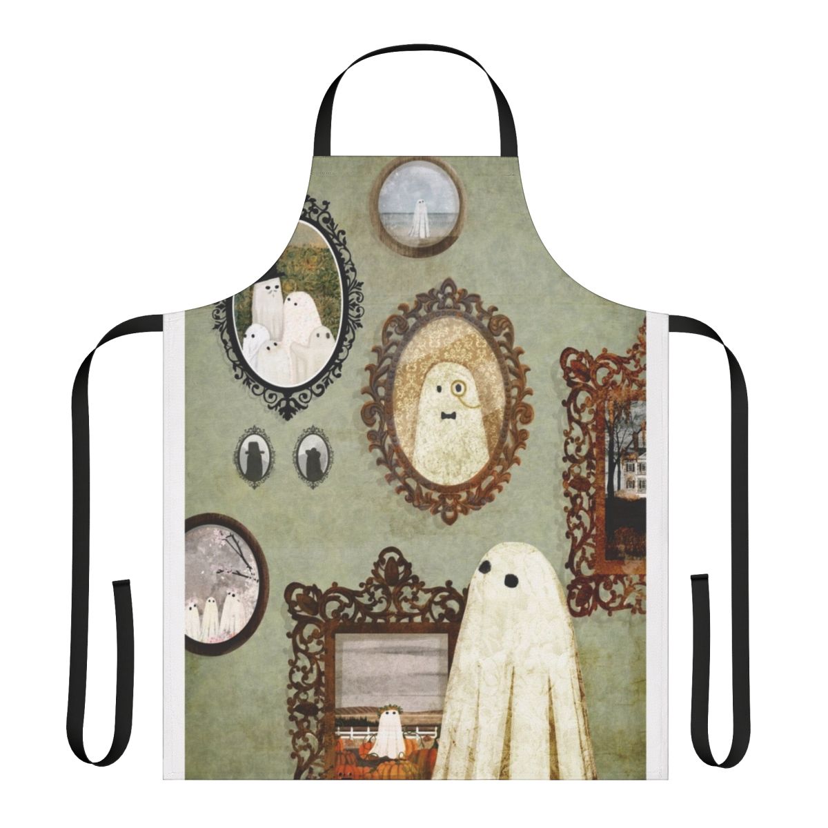 Vintage-style apron featuring a ghostly portrait, perfect for adding a touch of Gothic charm to your kitchen.