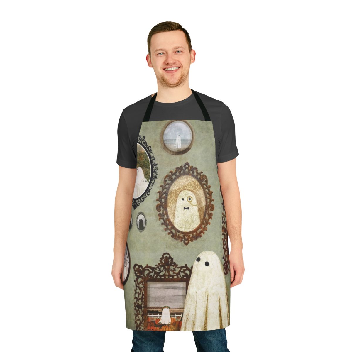 Vintage-style apron featuring a ghostly portrait, perfect for adding a touch of Gothic charm to your kitchen.