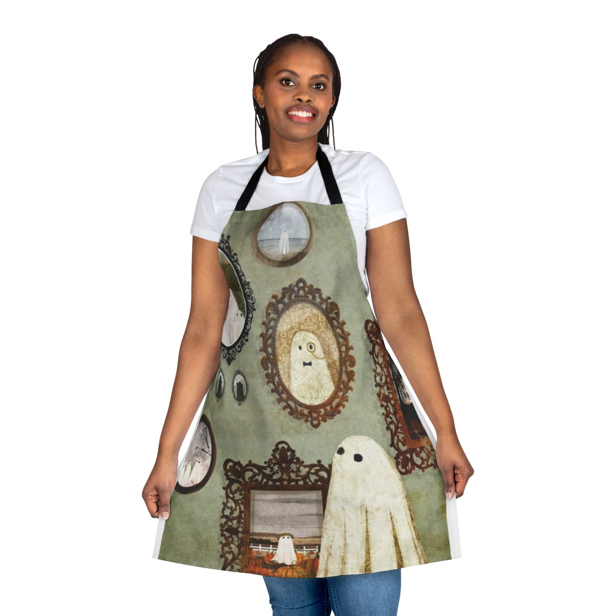 Vintage-style apron featuring a ghostly portrait, perfect for adding a touch of Gothic charm to your kitchen.
