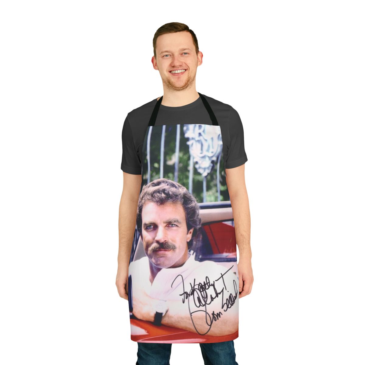 Vintage-style apron featuring a design inspired by iconic actor Tom Selleck