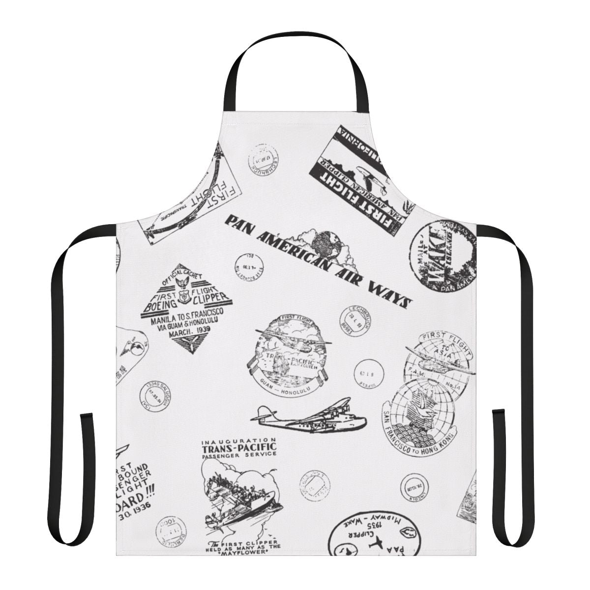 Vintage-style apron featuring a retro Pan Am travel stamps pattern design