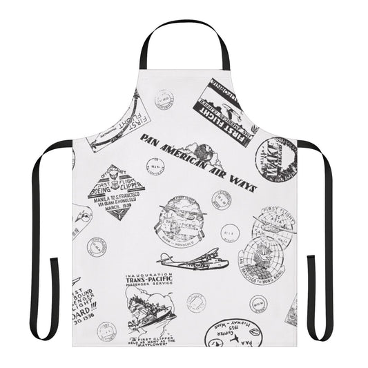 Vintage-style apron featuring a retro Pan Am travel stamps pattern design