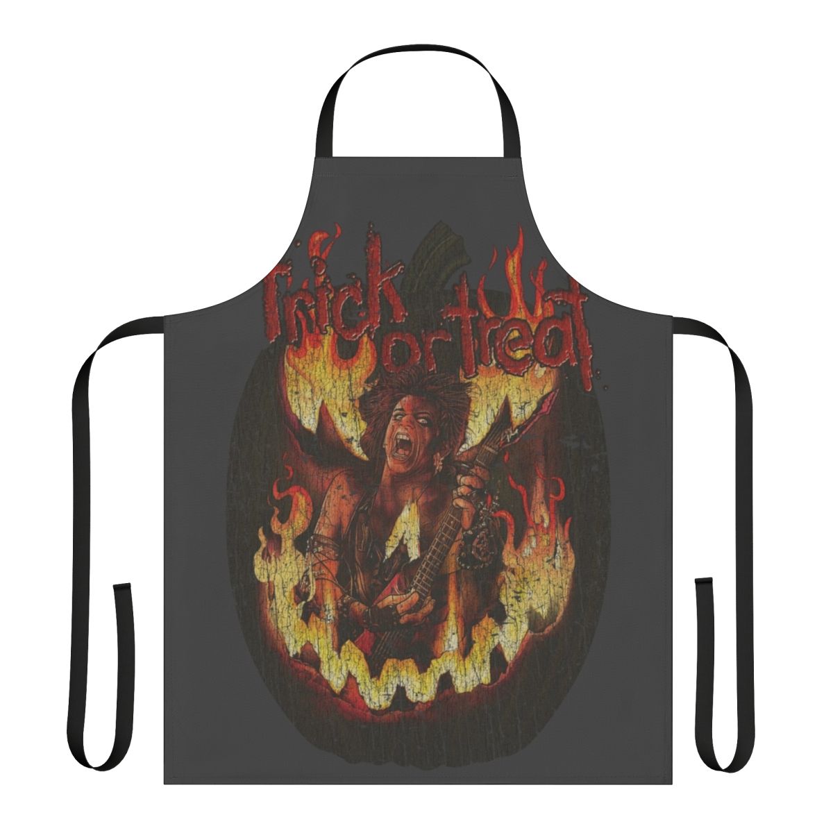 Vintage-style Trick or Treat horror-themed apron with heavy metal, devil, and 80s horror movie references