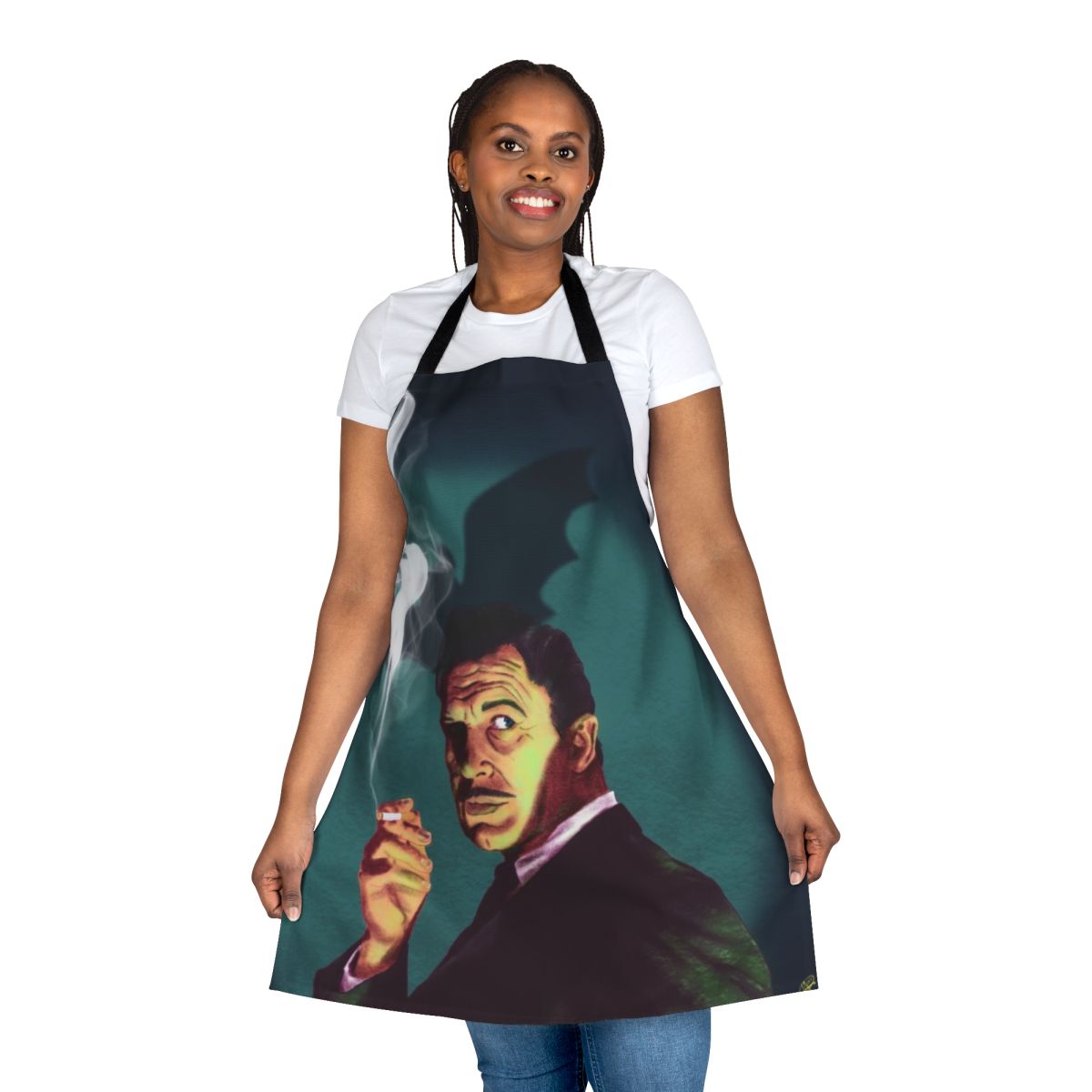 Vintage-style apron featuring an image of actor Vincent Price, known for his roles in classic horror and sci-fi films.