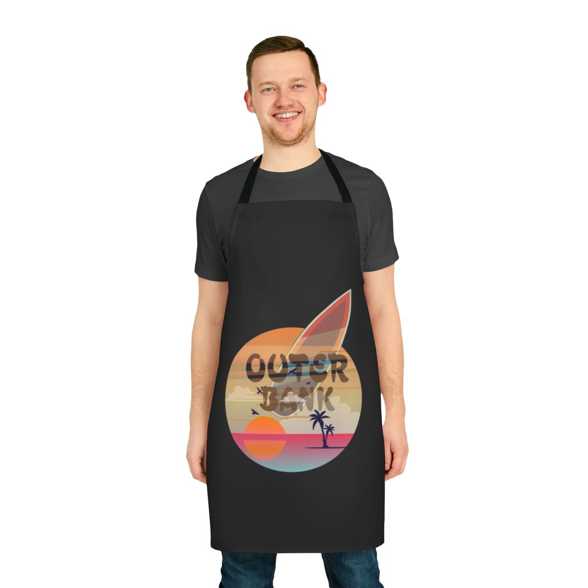 Vintage-style apron featuring an Outer Banks, beach, and surfing design