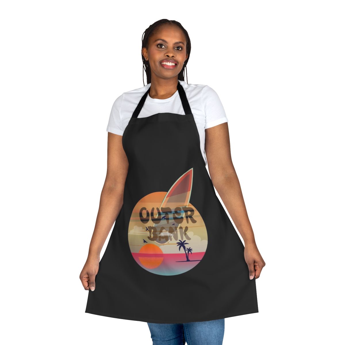 Vintage-style apron featuring an Outer Banks, beach, and surfing design