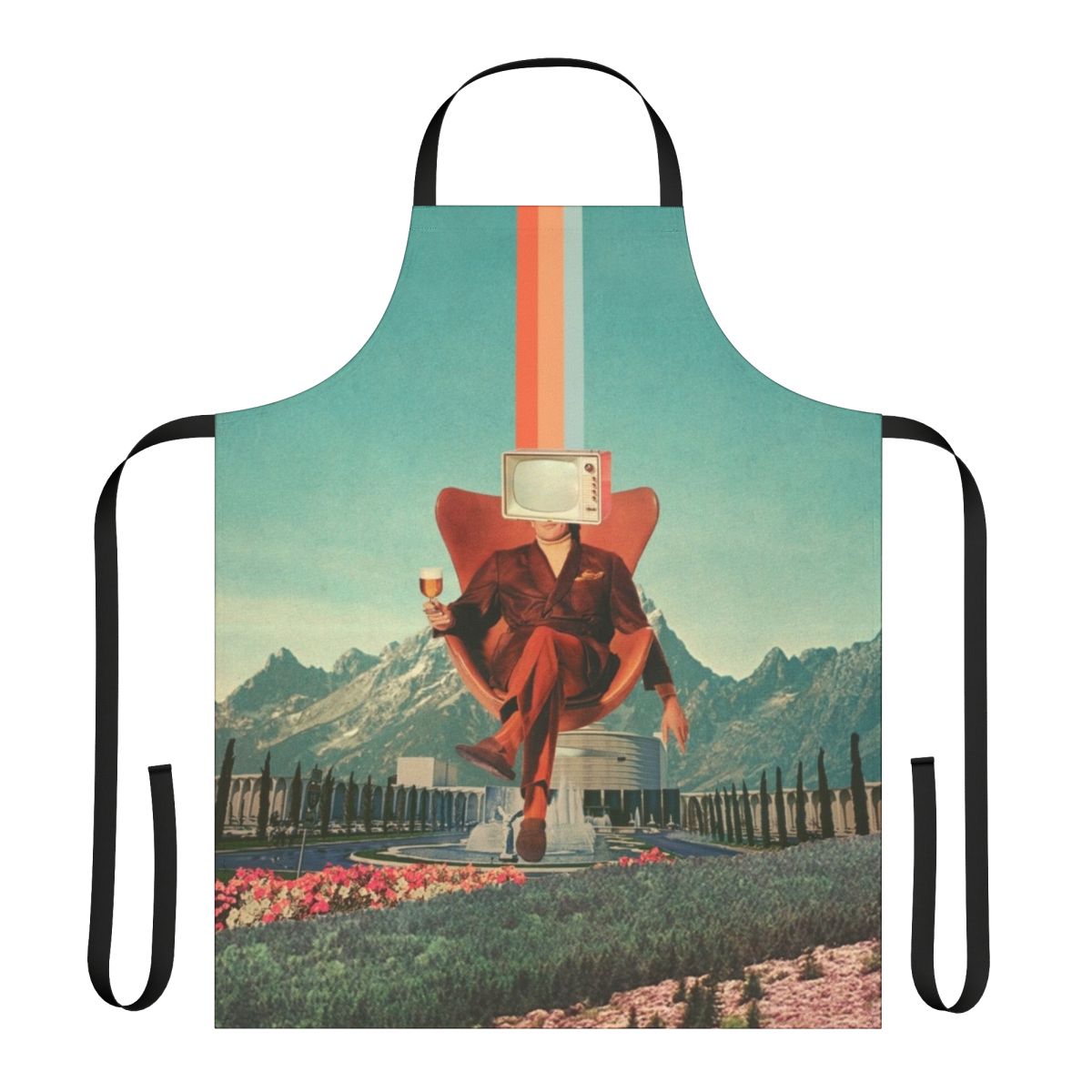 Vintage surreal collage apron featuring a man, TV, mountains, and furniture in a multicolor design.