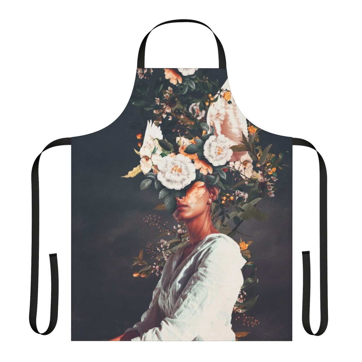 Vintage-inspired surreal floral apron featuring a dreamy, collage-like portrait design.