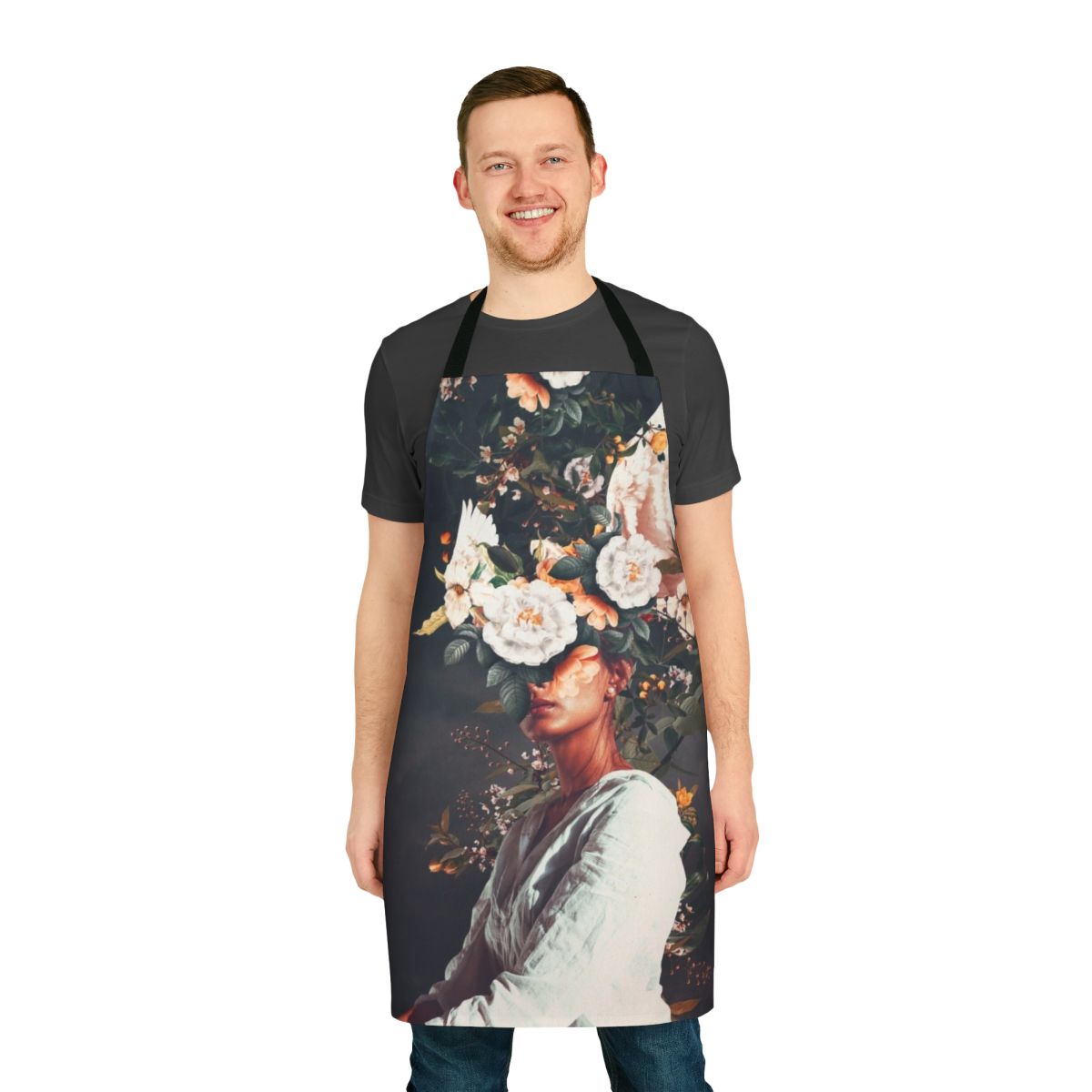 Vintage-inspired surreal floral apron featuring a dreamy, collage-like portrait design.