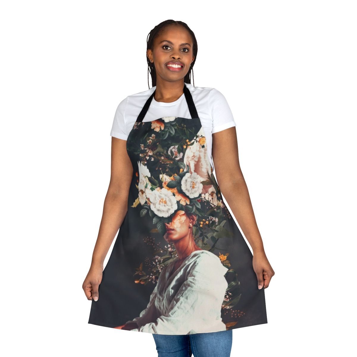 Vintage-inspired surreal floral apron featuring a dreamy, collage-like portrait design.