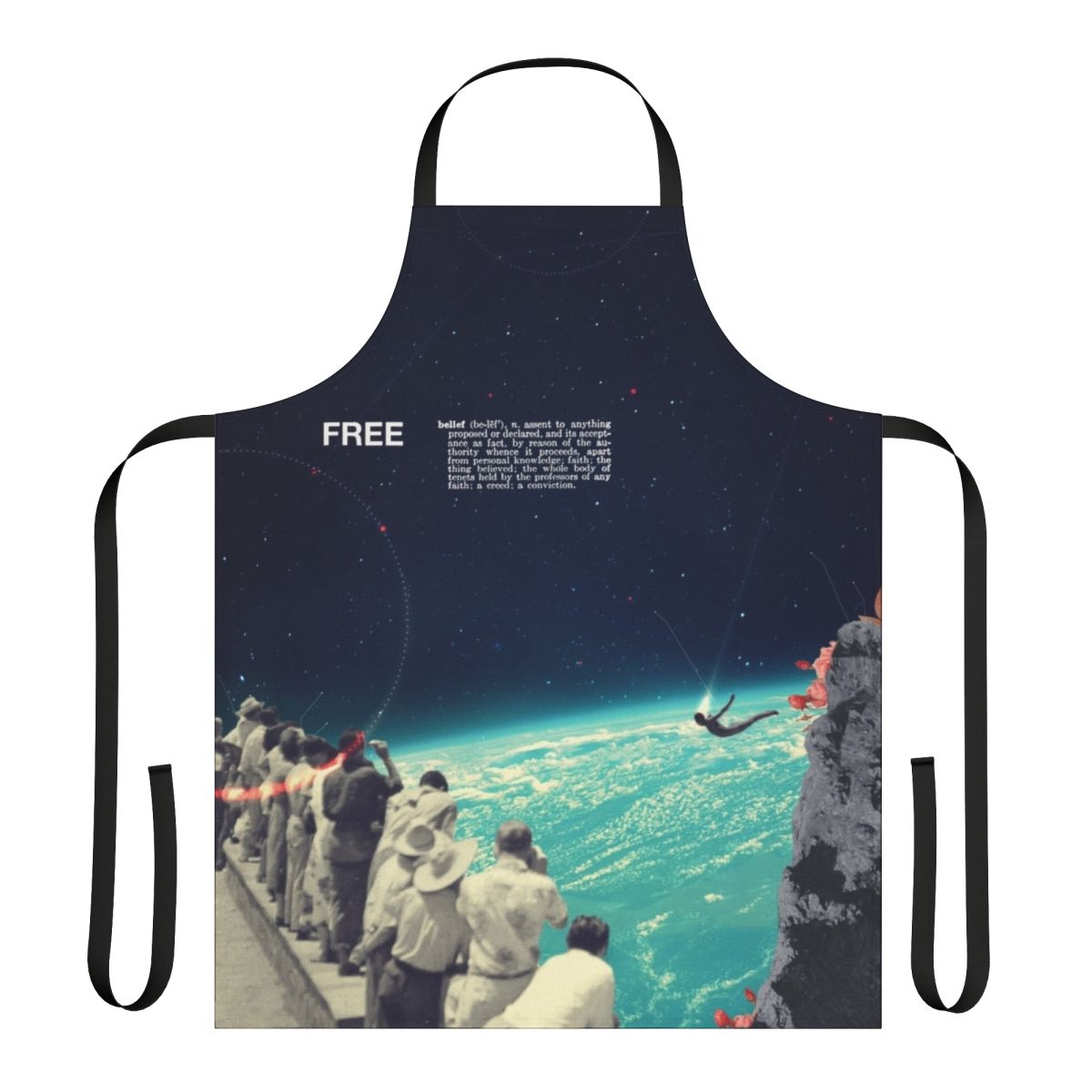 Vintage surreal space-themed apron featuring abstract collage elements