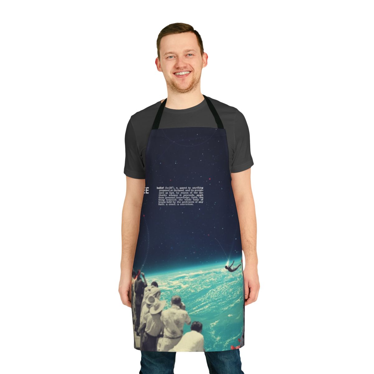 Vintage surreal space-themed apron featuring abstract collage elements