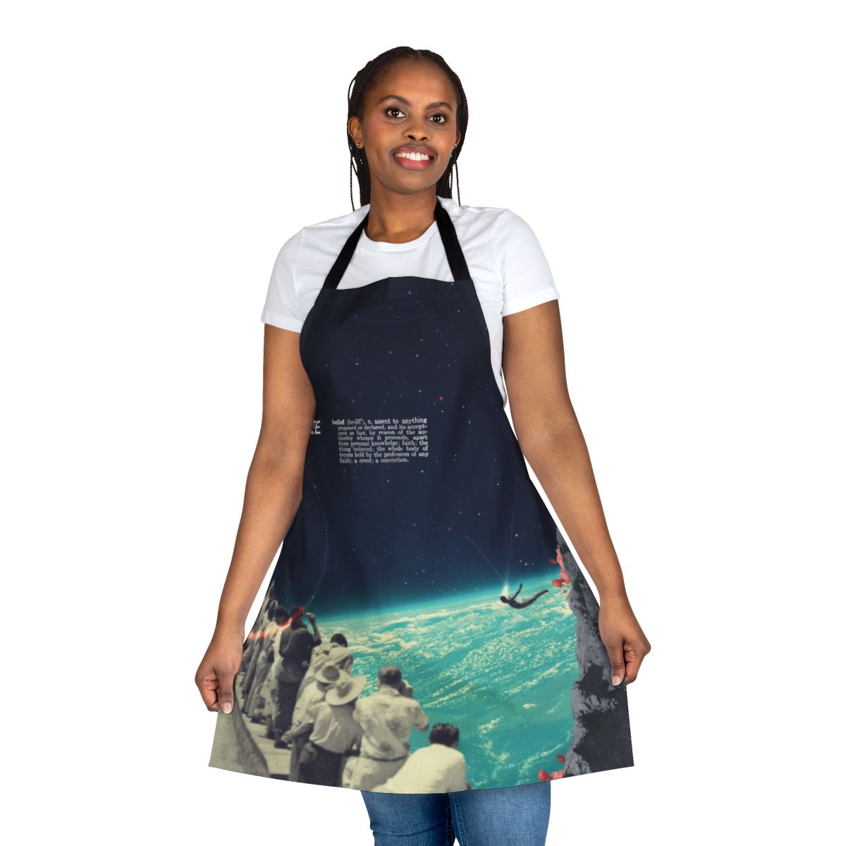 Vintage surreal space-themed apron featuring abstract collage elements