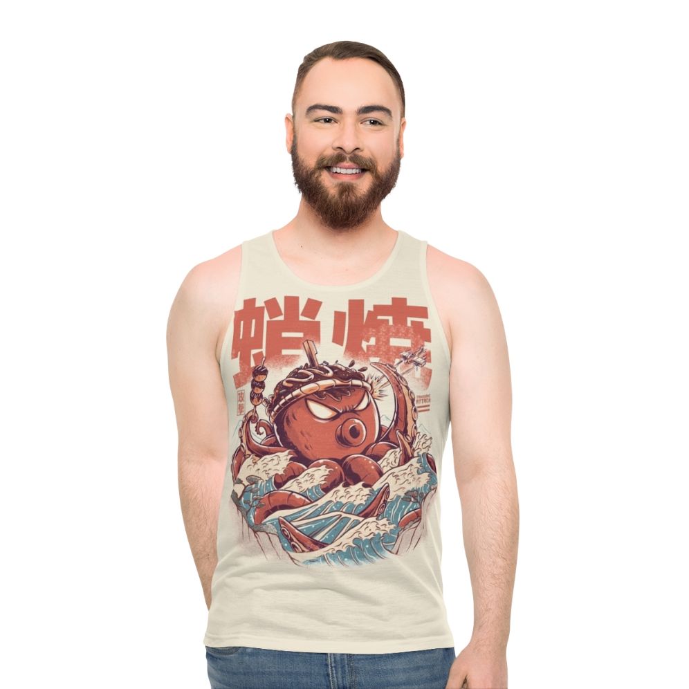 Vintage-style takoyaki monster attack graphic tank top
