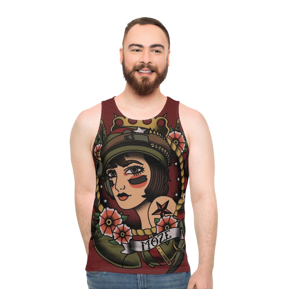 Vintage tattoo art Moze Borderlands unisex tank top