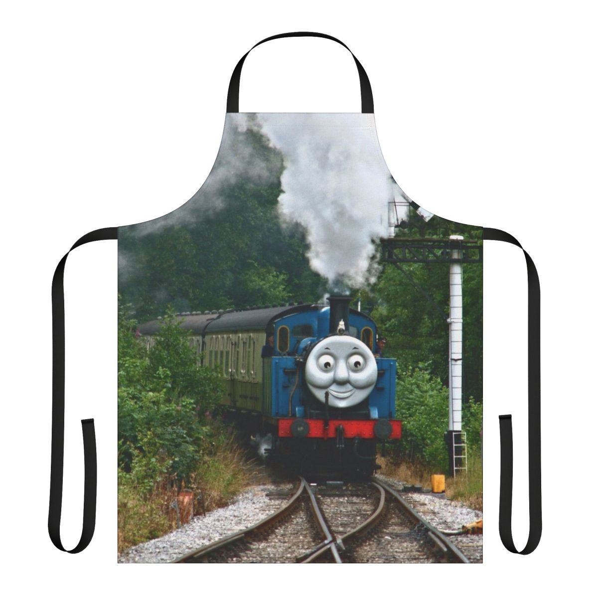 Vintage-inspired apron featuring a retro train design with "Thomas Huffing and Puffing Up The Track" graphics