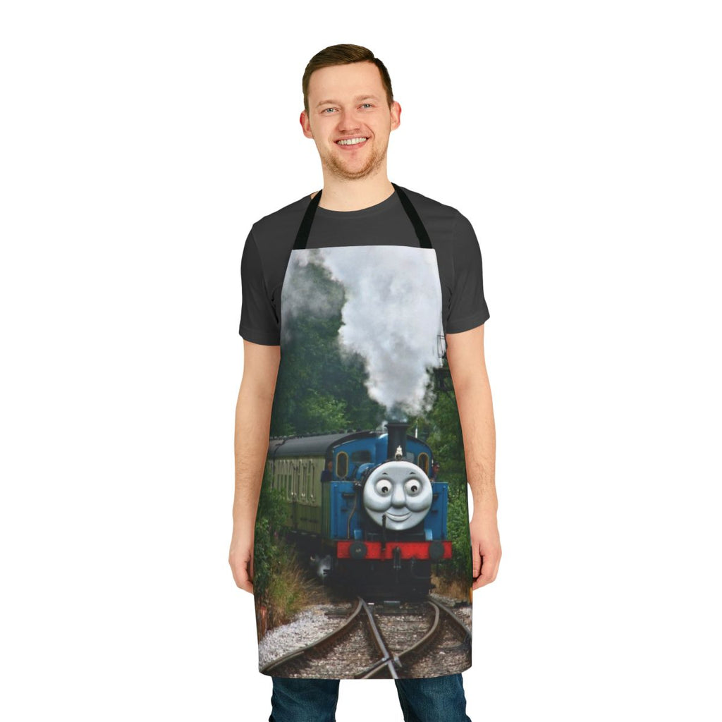Vintage-inspired apron featuring a retro train design with "Thomas Huffing and Puffing Up The Track" graphics