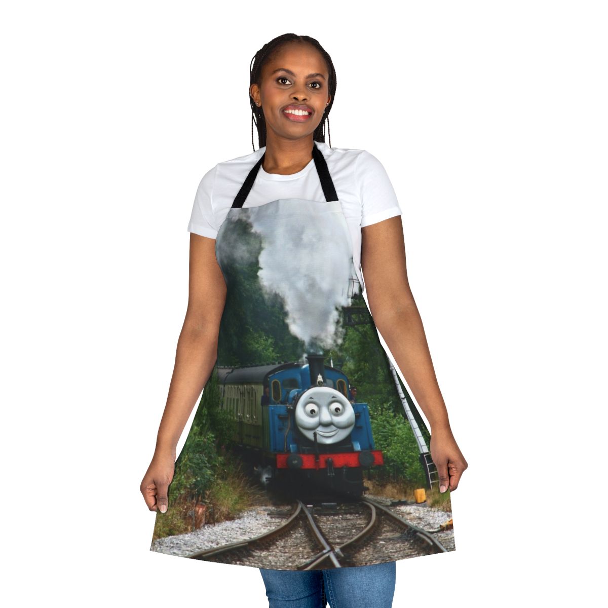 Vintage-inspired apron featuring a retro train design with "Thomas Huffing and Puffing Up The Track" graphics