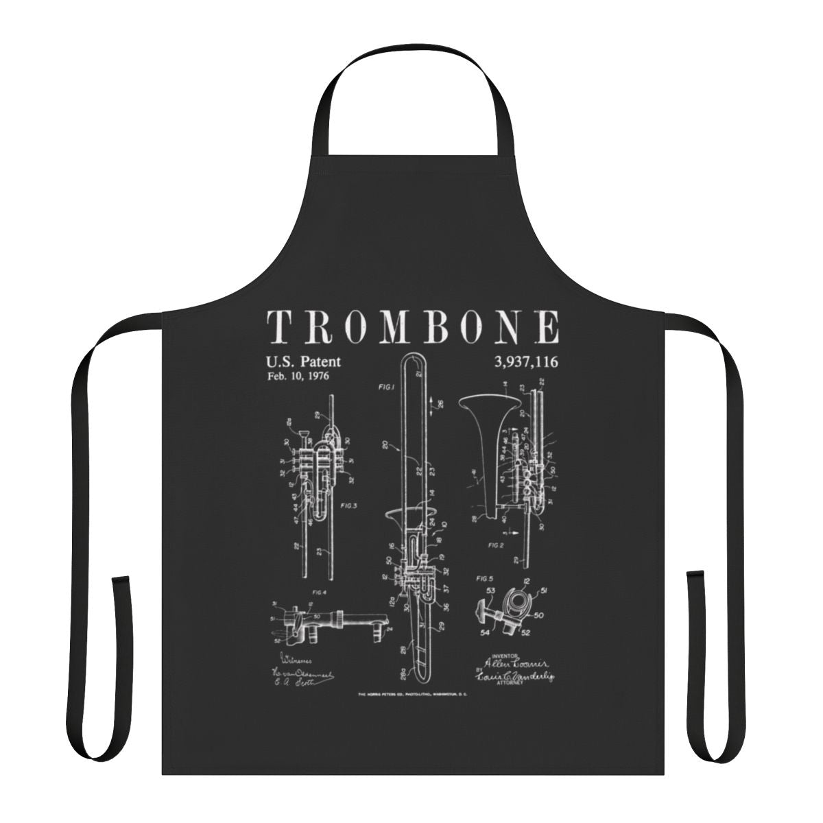 Vintage trombone patent drawing print on a black apron