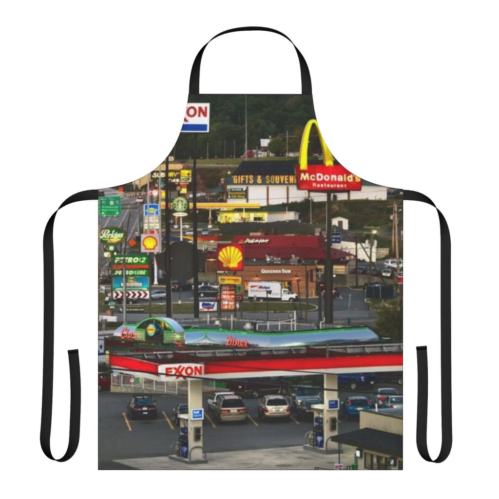 Vintage-inspired apron featuring a truckstop scene from Breezewood, Pennsylvania on the Interstate 70 corridor.