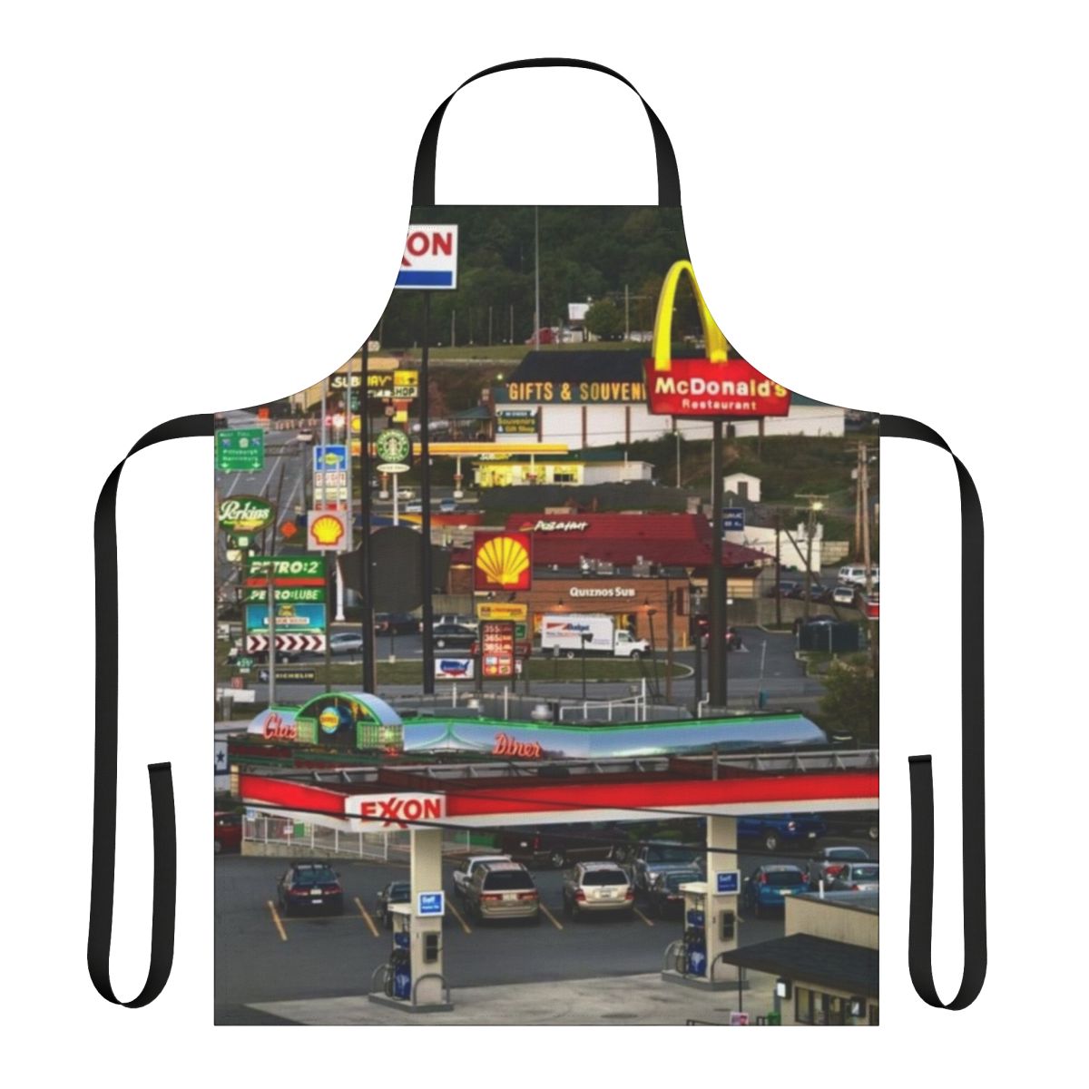 Vintage-inspired apron featuring a truckstop scene from Breezewood, Pennsylvania on the Interstate 70 corridor.