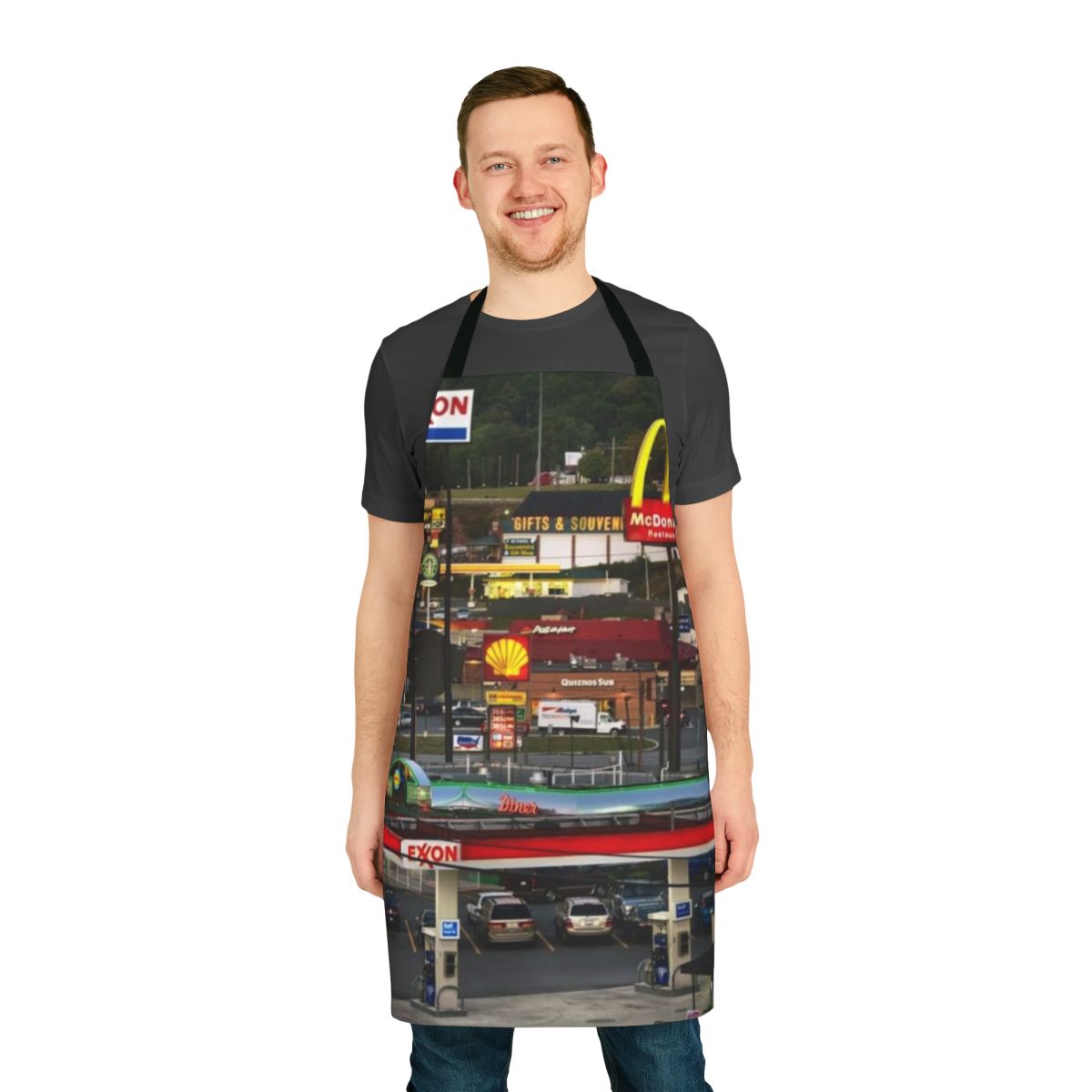 Vintage-inspired apron featuring a truckstop scene from Breezewood, Pennsylvania on the Interstate 70 corridor.