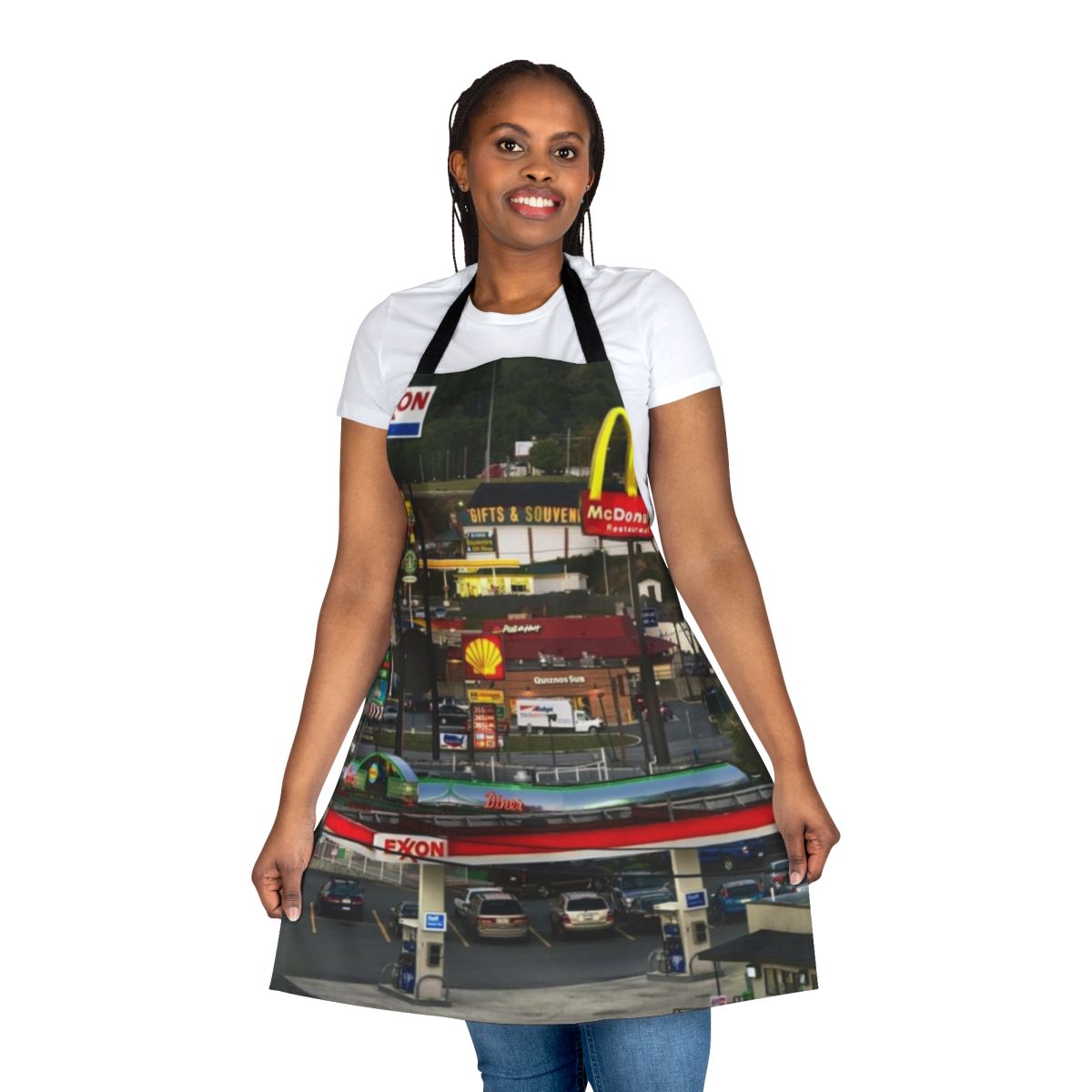 Vintage-inspired apron featuring a truckstop scene from Breezewood, Pennsylvania on the Interstate 70 corridor.