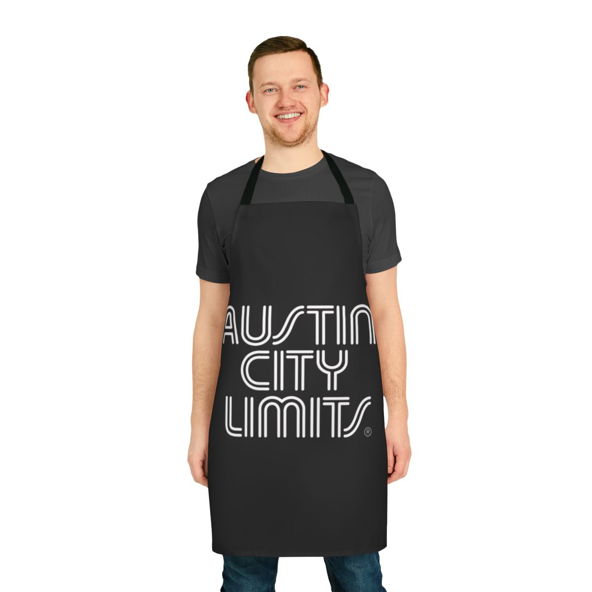 Vintage typewriter-themed apron with "Austin City Limits" design, perfect for music lovers and concert-goers.