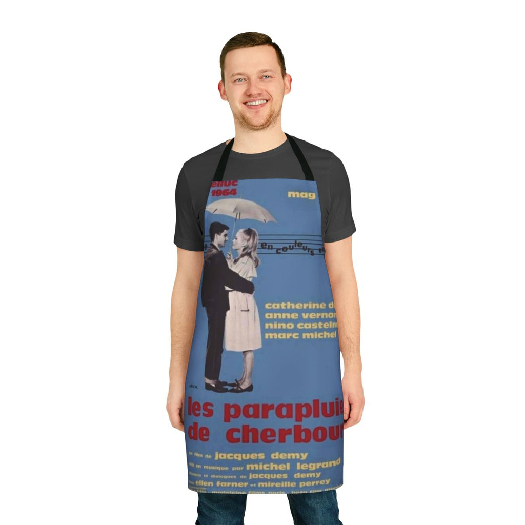 Vintage-style apron featuring a design inspired by the classic French film "The Umbrellas of Cherbourg"